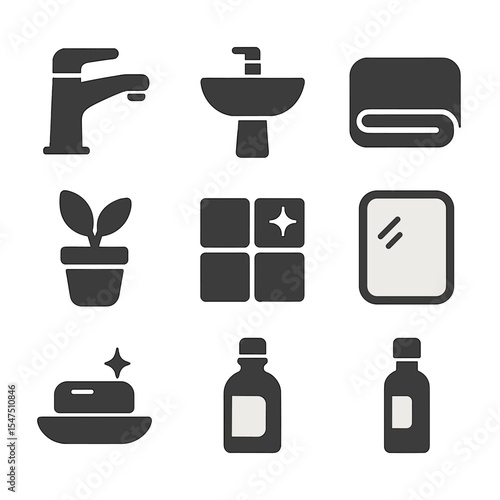 Minimalist Bathroom Icons. Solid, filled icons set of minimalist bathroom aesthetics: chrome faucet, spotless