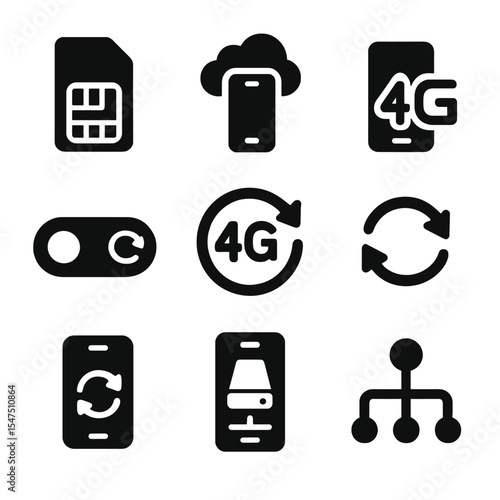 Mobile Data Sync Icons. Solid, filled icons set of mobile data syncing: SIM card icon, mobile cloud, data plan