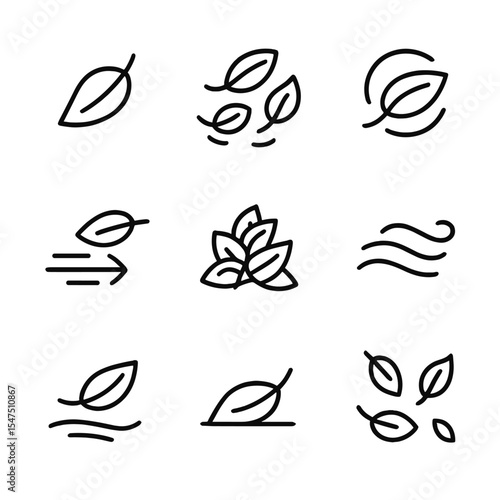 Falling Leaf Icons. Outline icon set of leaf falling scenes: single falling leaf, cluster falling, swirl pattern, gust arrow, leaf
