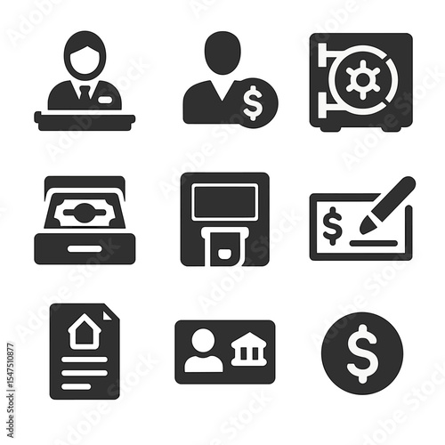 Modern Banking Icons. Solid, filled icons set of banking careers: bank teller, account manager, vault door,