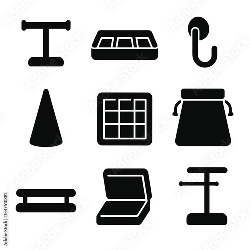 Minimalist Jewelry Icons. Solid, filled icons set of minimalist jewelry organization: single-rod holder, clear
