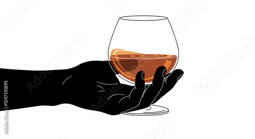 Hand holding a glass of brandy on a white background in minimalistic style
