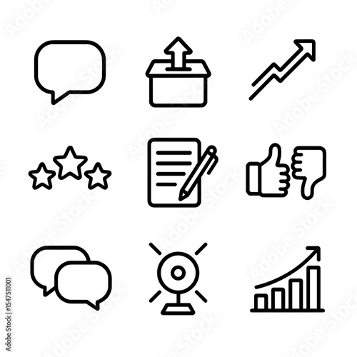 Feedback Icons Set. Outline icon set of feedback and constructive criticism: comment bubble, suggestion box, improvement arrow,