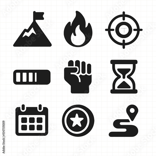 Motivation Icon Set. Solid, filled icons set of motivation and perseverance: mountain peak, fire icon, focus