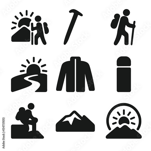 Mountain Adventure Icons. Solid, filled icons set of atmospheric mountain travel: sunrise backpacker, climbing