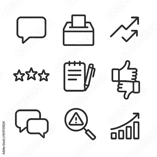 Feedback Icons Set. Outline icon set of feedback and constructive criticism: comment bubble, suggestion box, improvement arrow,