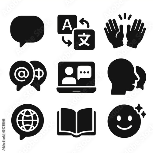 Multicultural Communication Icons. Solid, filled icons set of multicultural communication: speech bubble,