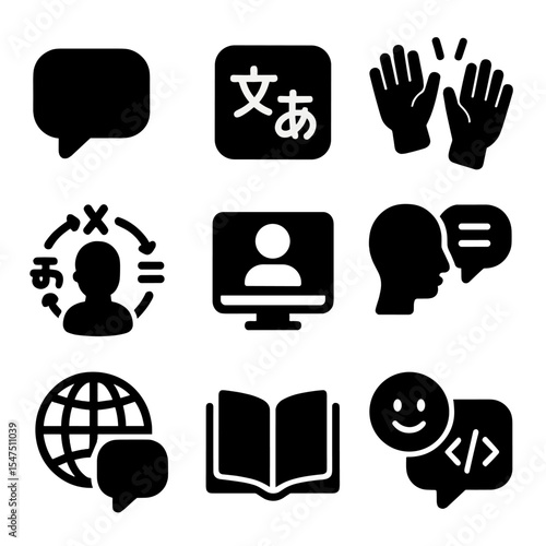 Multicultural Communication Icons. Solid, filled icons set of multicultural communication: speech bubble,