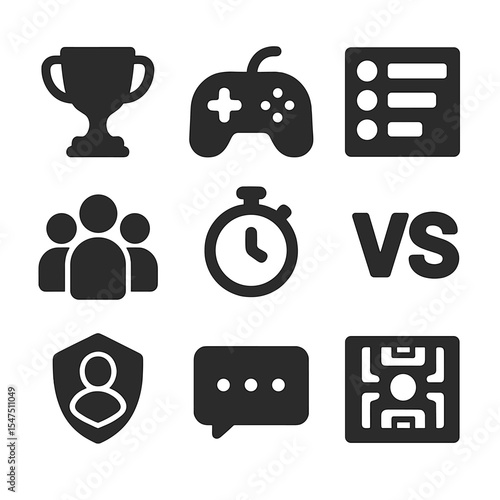 Multiplayer Tournament Icons. Solid, filled icons set of multiplayer tournaments: trophy icon, game controller