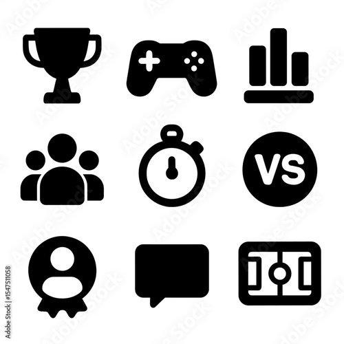 Multiplayer Tournament Icons. Solid, filled icons set of multiplayer tournaments: trophy icon, game controller