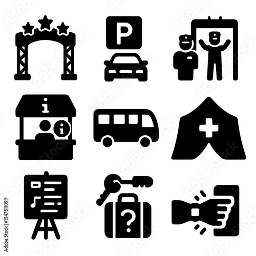 Music Festival Icons. Solid, filled icons set of music festival logistics: entry gate, parking sign, security