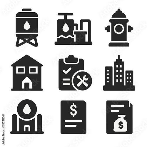 Municipal Water Service Icons. Solid, filled icons set of municipal water services: water tank, treatment