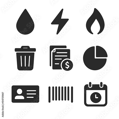 Monthly Utility Icons. Solid, filled icons set of monthly utility expense breakdown: water icon, electricity