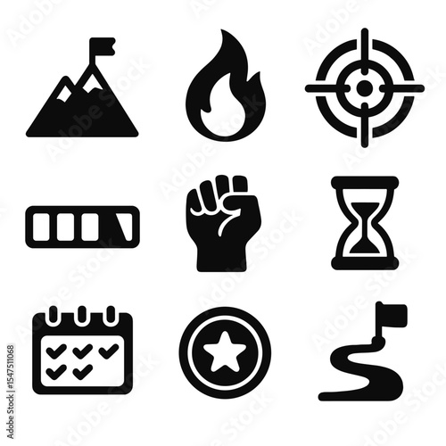 Motivation Icon Set. Solid, filled icons set of motivation and perseverance: mountain peak, fire icon, focus