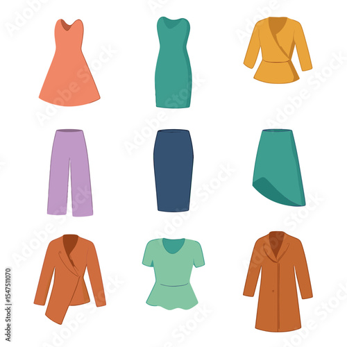 Fashion Silhouette Icons. Isometric Flat icon set of silhouette composition: A-line dress, sheath dress, wrap top, wide-leg pants,