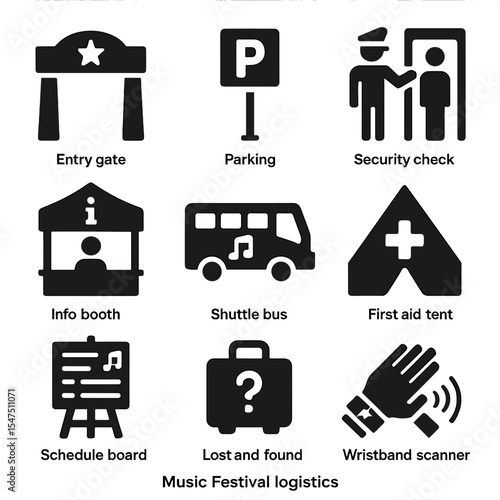 Music Festival Icons. Solid, filled icons set of music festival logistics: entry gate, parking sign, security