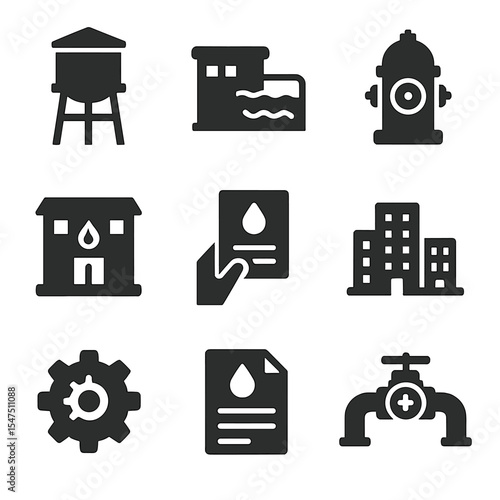 Municipal Water Service Icons. Solid, filled icons set of municipal water services: water tank, treatment