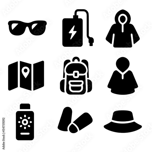Music Festival Essentials. Solid, filled icons set of music festival essentials: sunglasses, portable charger,