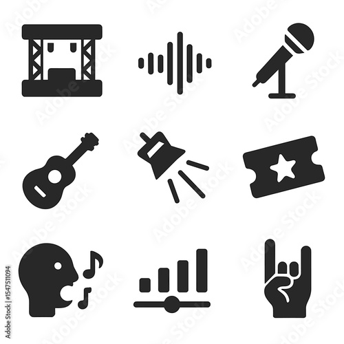 Music Festival Icons. Solid, filled icons set of music and performance festivals: concert stage, sound wave,