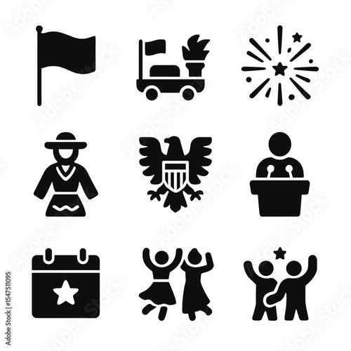 National Holiday Icons. Solid, filled icons set of national holidays: waving flag, parade float, firework