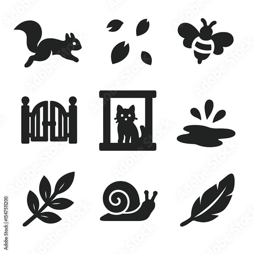 Nature Encounter Icons. Solid, filled icons set of nature encounters while riding: squirrel dash, falling