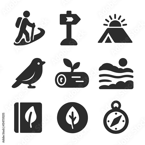 Nature Icons Collection. Solid, filled icons set of peaceful nature exploration: hiker path, trail marker,