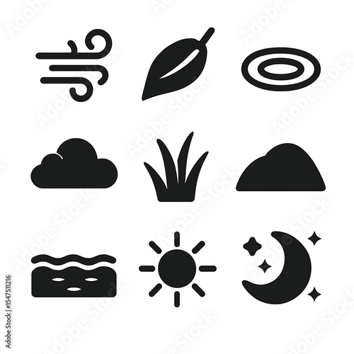 Nature Icon Set. Solid, filled icons set of peaceful nature moments: breeze icon, falling leaf, ripple water,