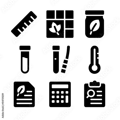Nature STEM Icons Grid. Solid, filled icons set of nature-based STEM activities: ruler stick, nature grid,