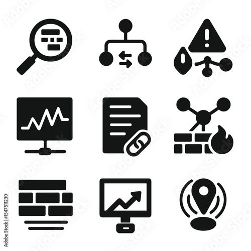 Network Forensics Icons. Solid, filled icons set of network traffic forensics: packet sniffer, network flow,