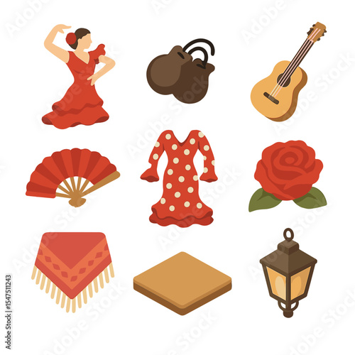 Flamenco Dance Icons. Isometric Flat icon set of flamenco dance group: flamenco dancer pose, castanets, Spanish guitar, hand fan,