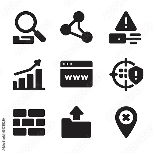 Network Forensics Icons. Solid, filled icons set of network traffic forensics: packet sniffer, network flow,