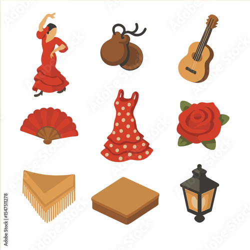 Flamenco Dance Icons. Isometric Flat icon set of flamenco dance group: flamenco dancer pose, castanets, Spanish guitar, hand fan,