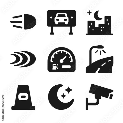 Night Highway Icons. Solid, filled icons set of night highway driving: headlight icon, illuminated sign, night