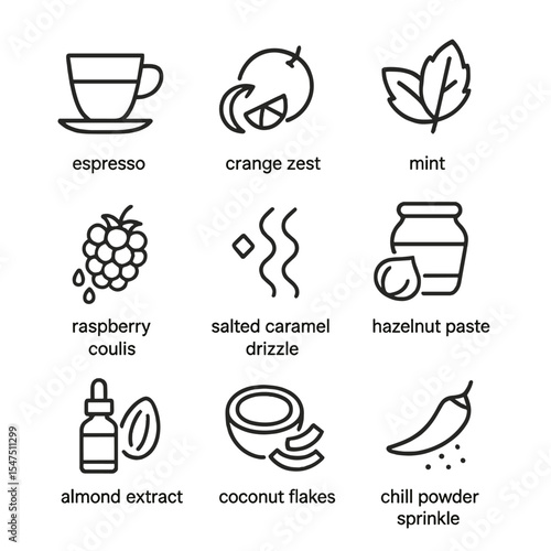 Flavor Infusion Icons. Outline icon set of flavor infusions: espresso shot, orange zest, mint leaf, raspberry coulis, salted