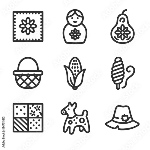 Folk Art Icon Set. Outline icon set of folk art motifs: embroidered patch, wooden doll, painted gourd, woven basket, carved corn,