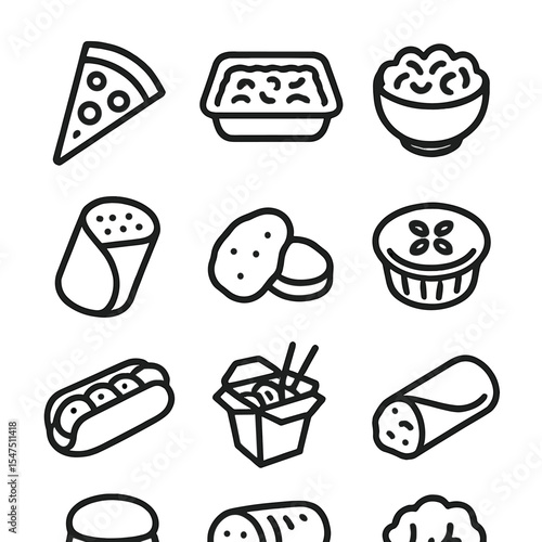 Outline Icon Food Grid. Outline icon set of ready-to-heat meals: pizza slice, lasagna tray, mac ’n’ cheese bowl, burrito wrap,