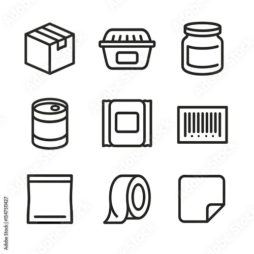 Food Packaging Icons. Outline icon set of food packaging and labeling: cardboard box, plastic container, glass jar, tin can,