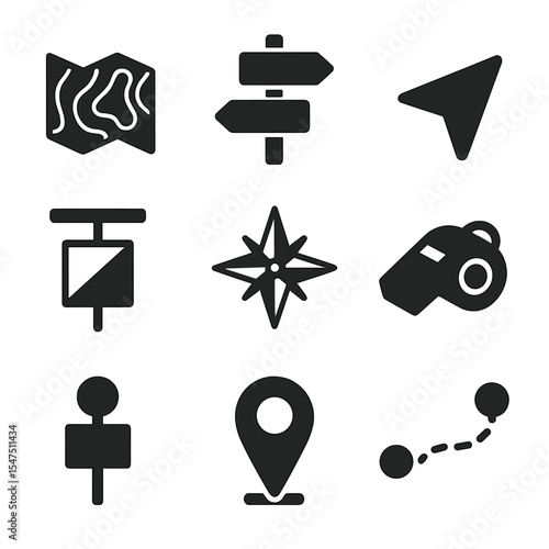 Orienteering Skills Icons. Solid, filled icons set of map and orienteering skills: topo map, trail sign,
