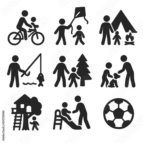 Outdoor Family Icons. Solid, filled icons set of parent and child outdoor fun: bike ride, flying kite, camping