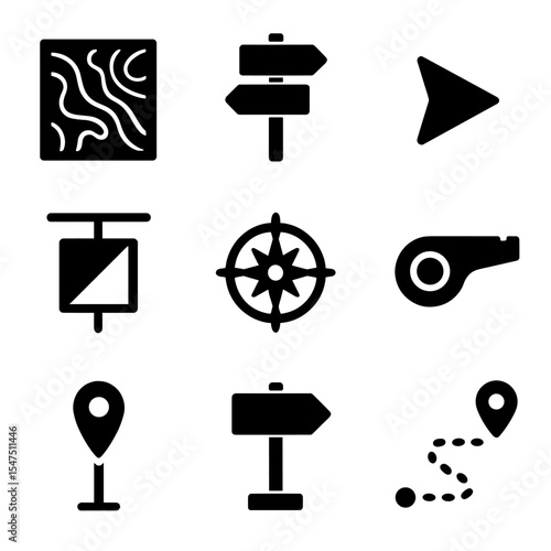 Orienteering Skills Icons. Solid, filled icons set of map and orienteering skills: topo map, trail sign,
