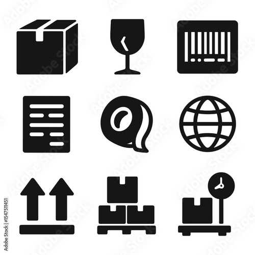Packaging Design Icons. Solid, filled icons set of packaging design for international shipping: cardboard box,