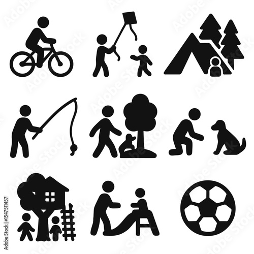 Outdoor Family Icons. Solid, filled icons set of parent and child outdoor fun: bike ride, flying kite, camping