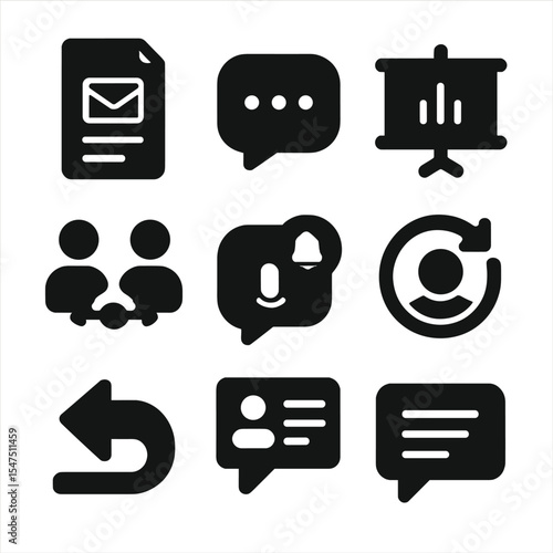 Outreach Tools Icons Grid. Solid, filled icons set of outreach and pitch tools: email draft, cold DM, pitch