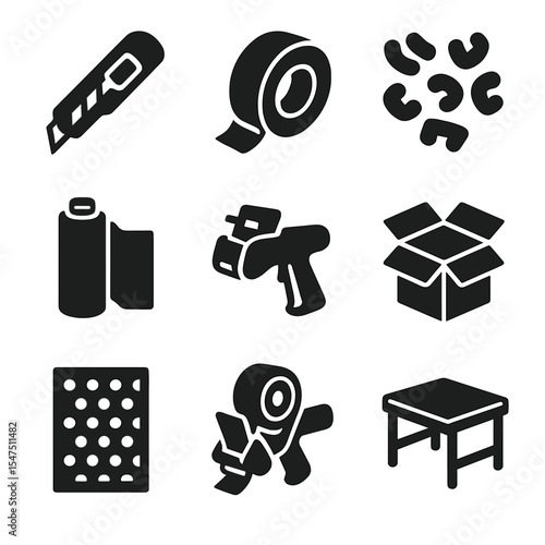 Packaging Tools Icons. Solid, filled icons set of packaging materials and tools: box cutter, roll tape,