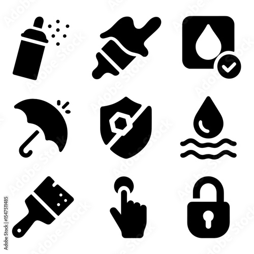 Paint Finish Icons. Solid, filled icons set of outdoor paint finishes: matte spray, gloss coat, weatherproof