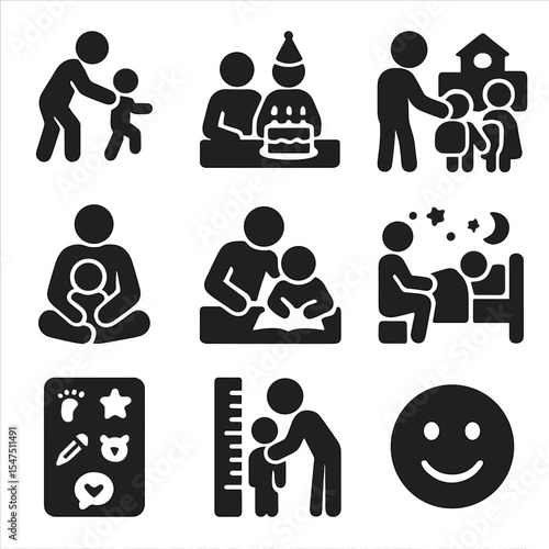 Parenting Milestone Icons. Solid, filled icons set of parenting milestones and moments: first steps, birthday