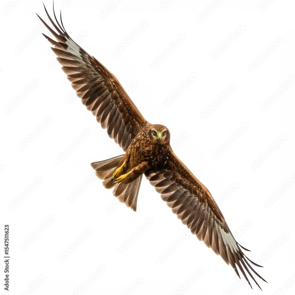 Obraz premium Majestic Hawk Soaring with Outstretched Wings Against White Background
