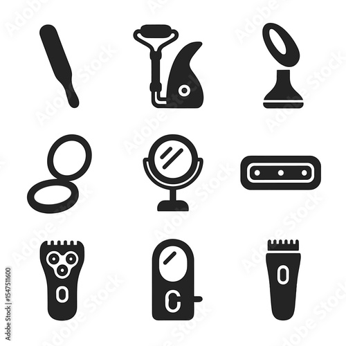 Personal Grooming Icons Grid. Solid, filled icons set of personal grooming items: nail file, facial roller,