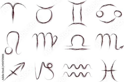 black bordo color hand drawn abstract outline zodiac signs