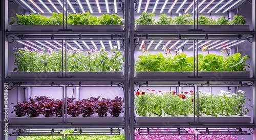 Indoor Vertical Farming Growing Fresh Produce with LED Lights